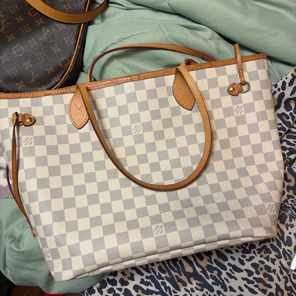 Louis Vuitton White and Tan Checkered Tote